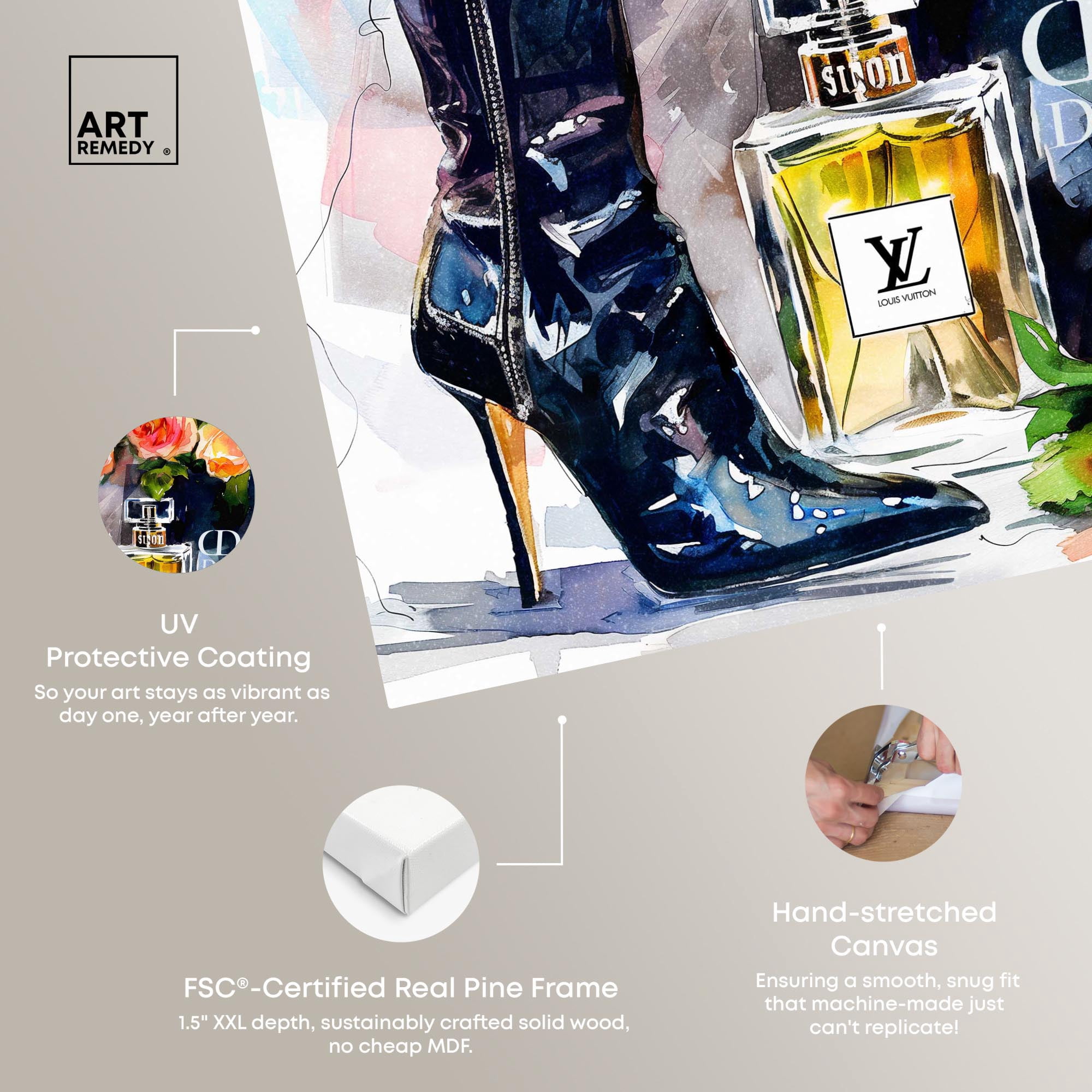 Boot with Perfume and Shopping Bag Canvas Fashion Art Prints by Art Remedy, Gallery Wrapped, 24" x 24"