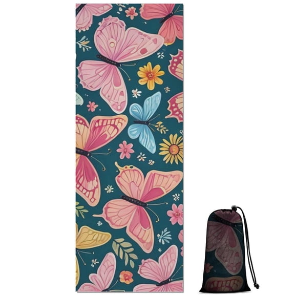 Pink Butterfly Rose Daisy Green Pattern Hot Yoga Mat Towel Non Slip for Hot Yoga - Quick-Drying Yoga Mat Cover with 4 Corner Pockets with Travel Bag - Hot Yoga Towel Non Slip 70"x26"