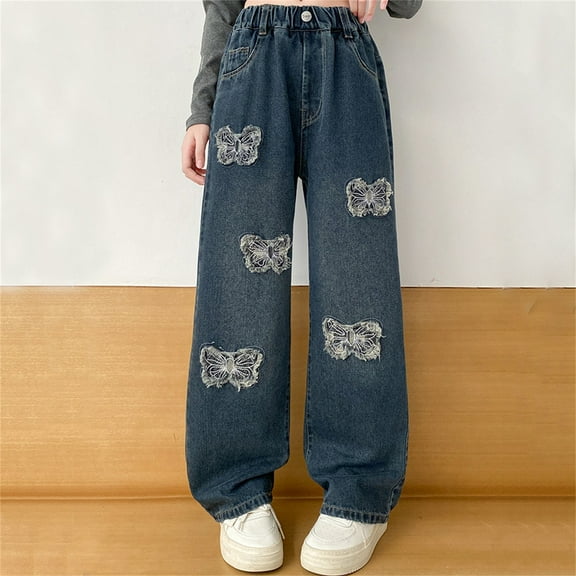 Jeans Girls Butterfly Jeans Girls Straight Leg Wide Leg Denim Jeans High Waisted Baggy Jeans Girls with Pockets Kids Clothes Girls Size 6-7 Years