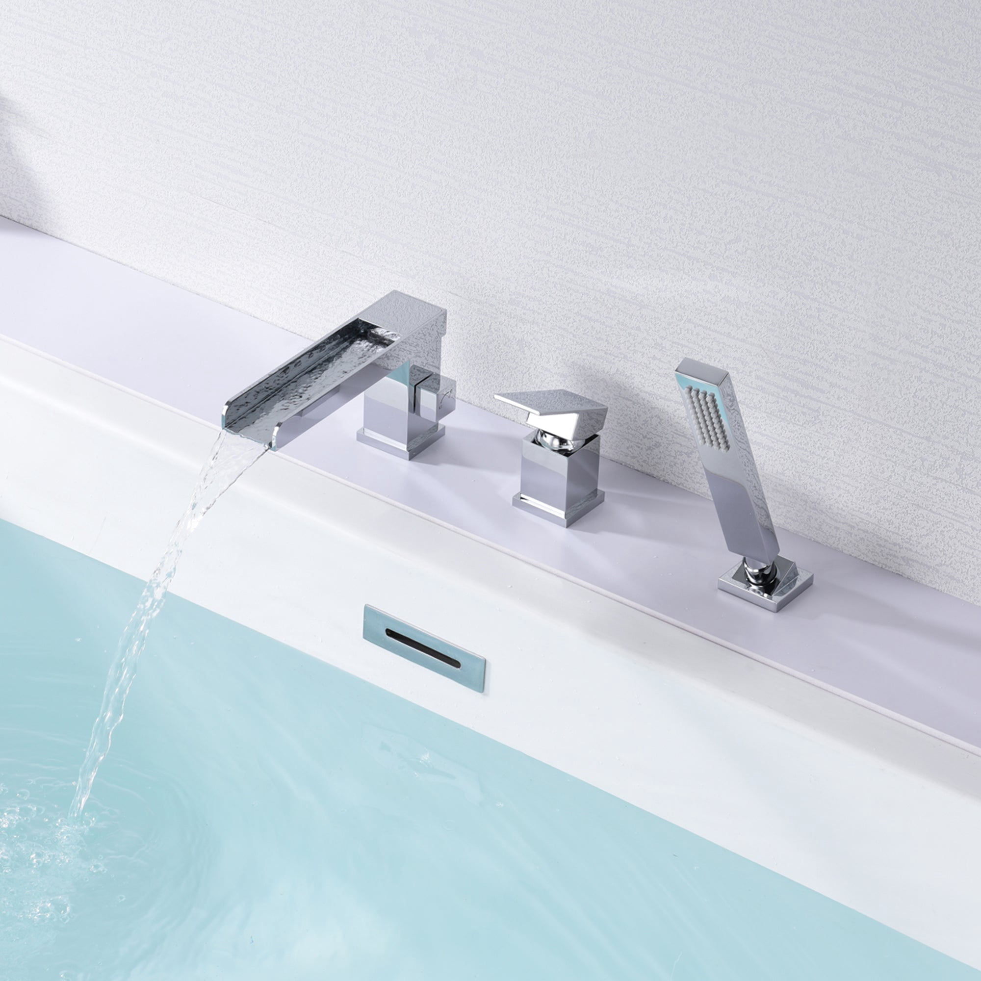 Waterfall Roman Tub Faucet with Hand Shower, 3 Hole Bathtub Faucet with Shower Diverter Chrome Finish Sumerain