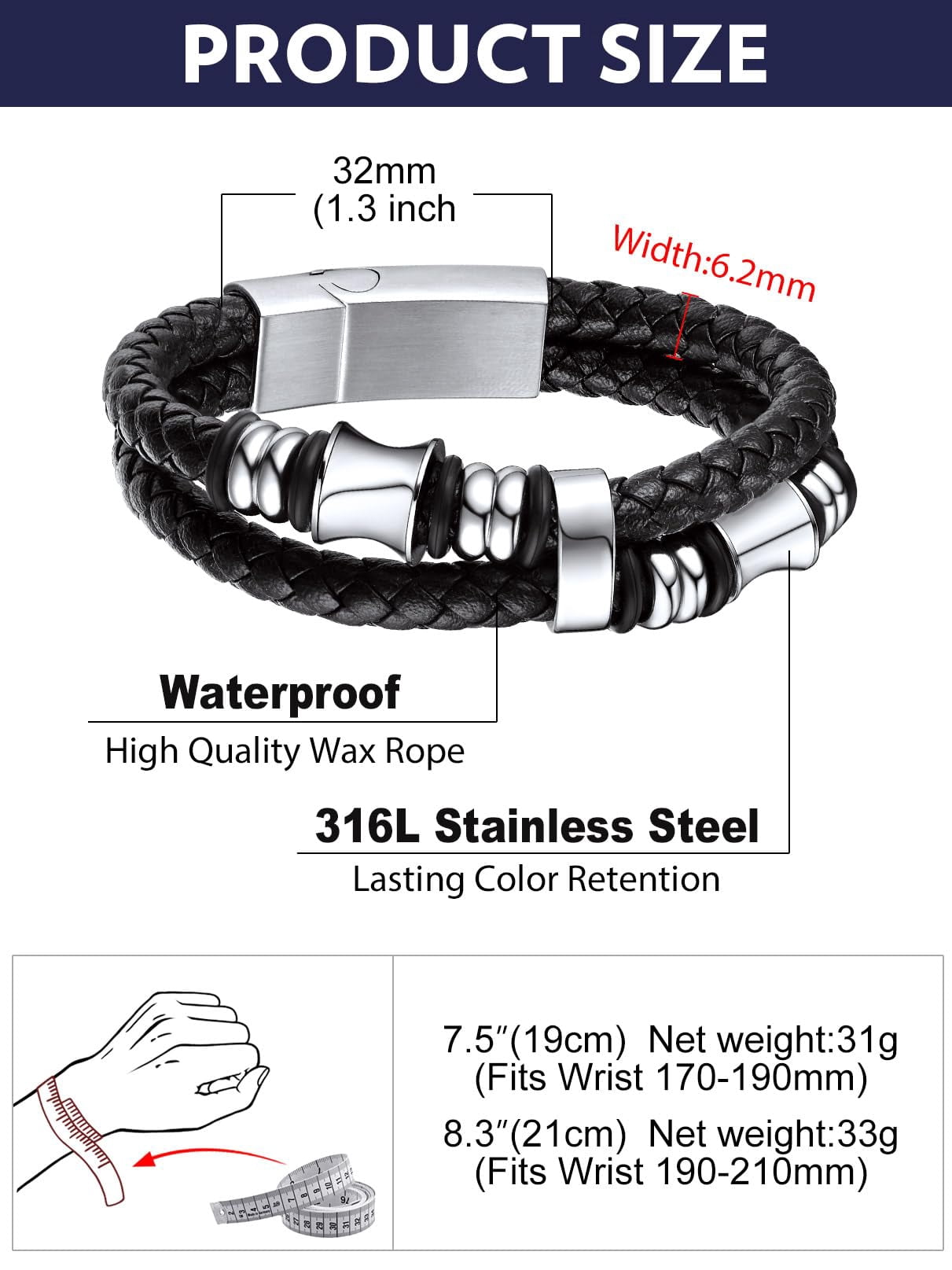 Bandmax Black Leather Bracelets for Men Double-Layer Braided Rope Bracelet with Stainless Steel Beads Wristband Wrist Bangle for Birthday Gift