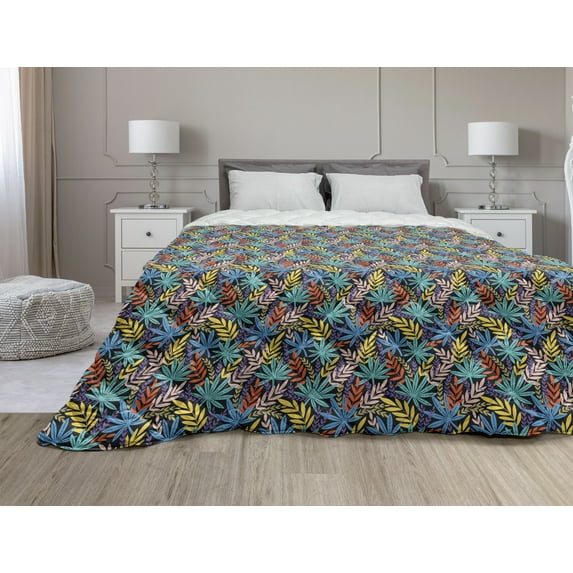 Leaves Down Alternative Comforter, Wild Meadow Flowers Botanical Elements Bicolored Modern Simplicity Print, Microfiber Quilt for All Season, 5 Sizes, Peacock Green White, by Ambesonne