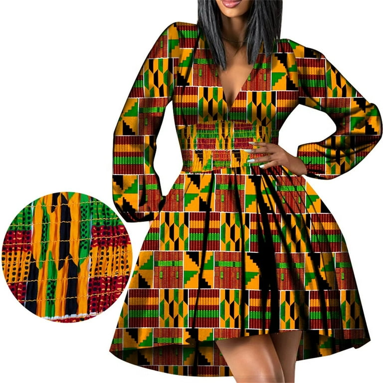 BintaRealWax Women's Kente African Dress V Neck Long Sleeve