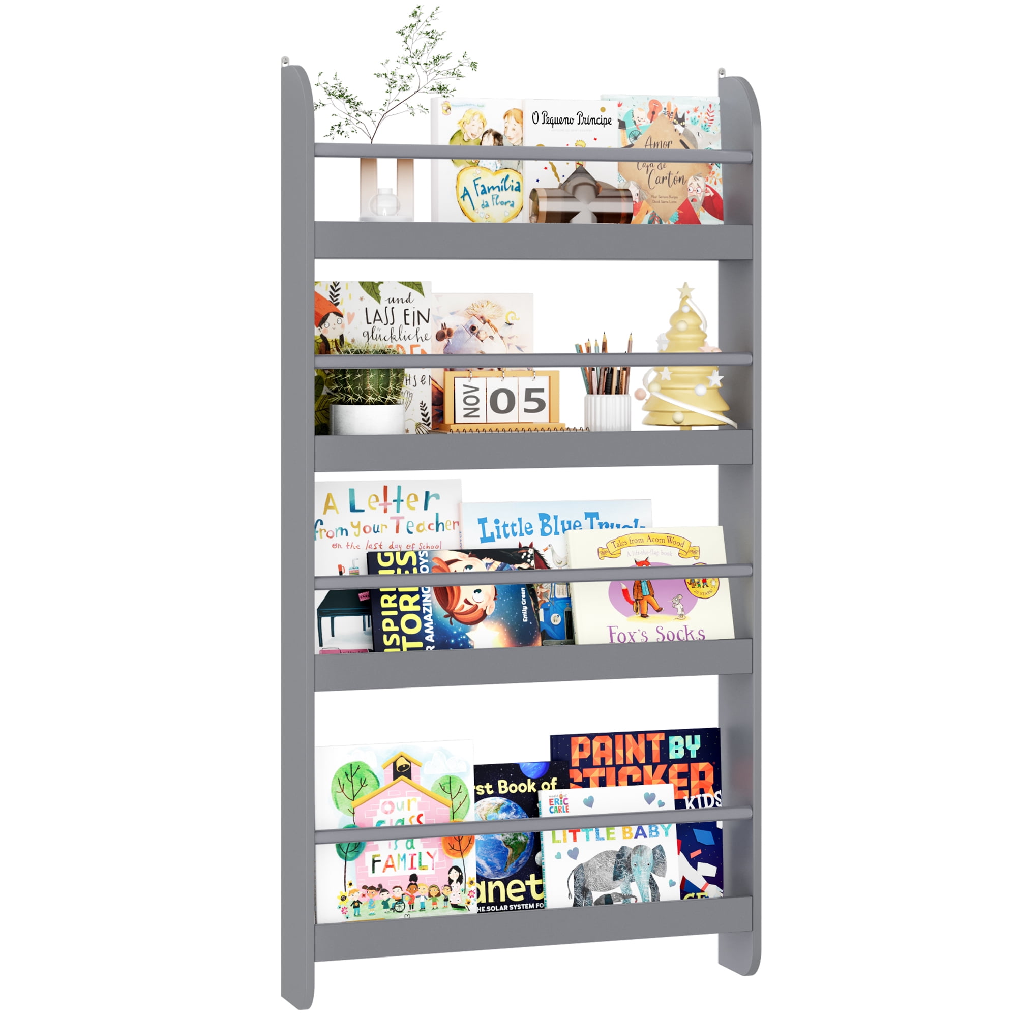 Homfa 4-Tier Wall Bookshelf, 43.7"H Wall Mounted Kids Bookshelf, Book Storage Rack for Kids Room, Gray