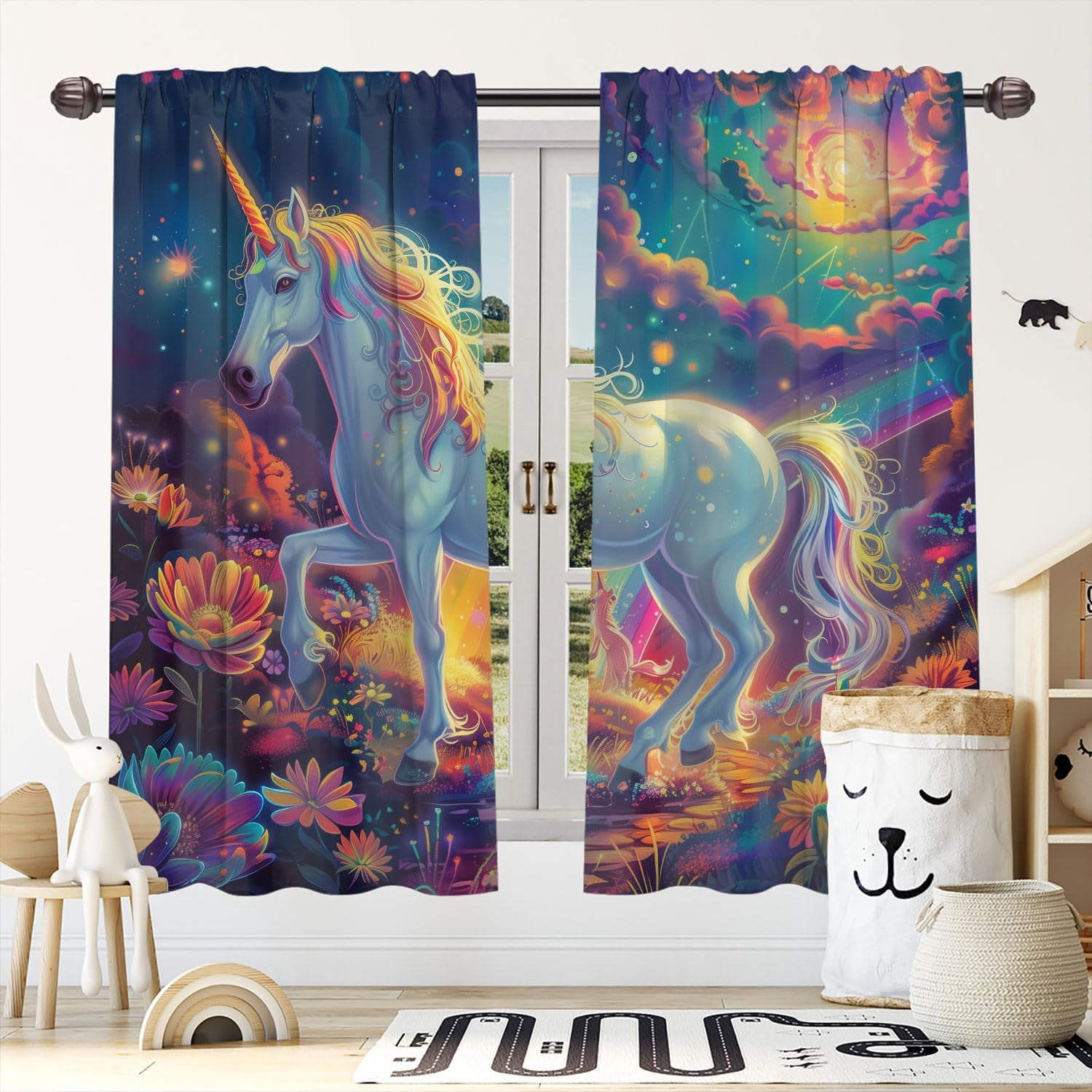 Fantasy Unicorn Blackout Curtains for Kid Girls Boys Bedroom, Enchanted Forest Rainbows Flower Rod Pocket Window Drapes for Bedroom Living Room, W42 x L63 Inch