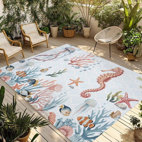 Seahorse Coastal Outdoor Rug 3x5 Ft - Reversible Patio Rug Outdoor Camping Rugs, Summer Beach Ocean Shell Jellyfish Starfish Indoor Outdoor Area Rugs, Non-Slip Outdoor Carpet Runner for Deck/Porch