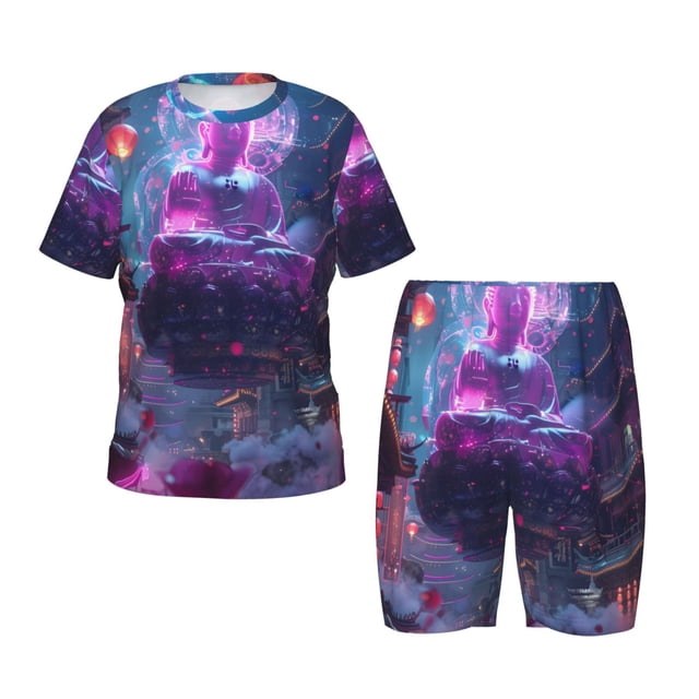 Balery Neon Buddha Cityscape Conjunto de Pijama Infantil de Manga Corta con Estampado – Ropa de Dormir de Algodón Suave-X-Large