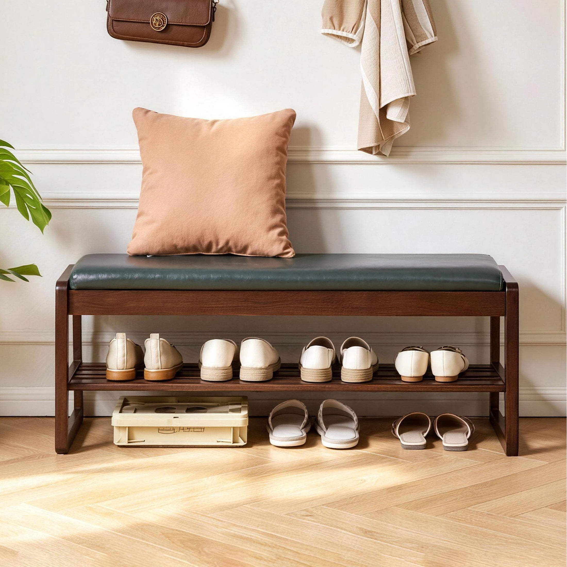 Noble House 39.37" Shoe Storage Bench with Lift-Top Seat, Upholstered Bench with Shoe Shelves, Green