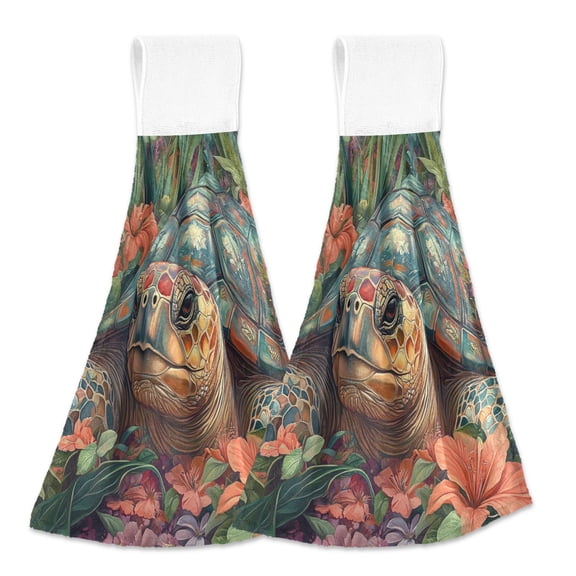 BZSMCE Hanging Hand Towels Fashion Turtle in A Tropical Paradise Pattern 2-Pack - Velcro Style Bathroom Kitchen Towels