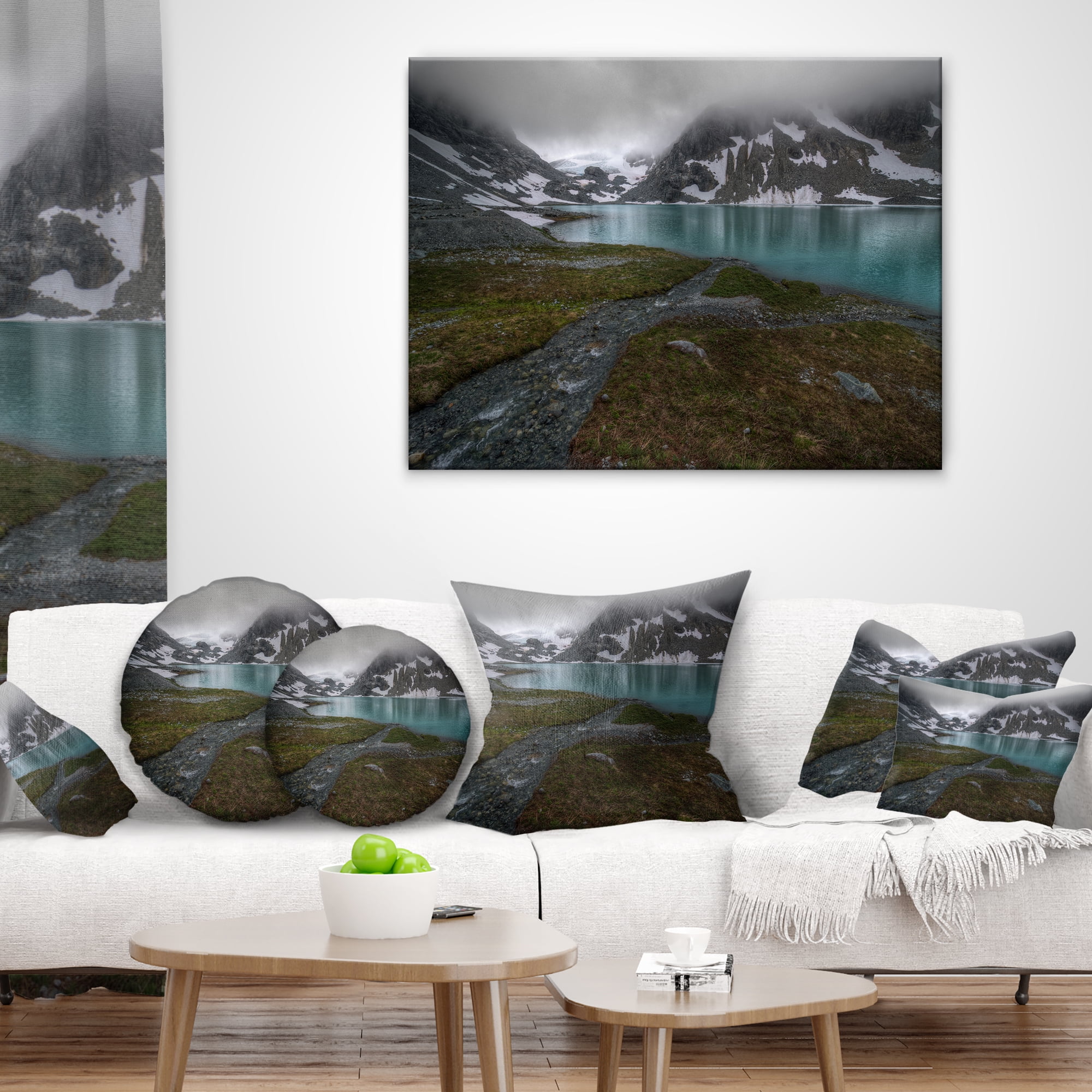 Designart Turquoise Mountain Lake with Clouds - Landscape Printed Throw Pillow - 16x16