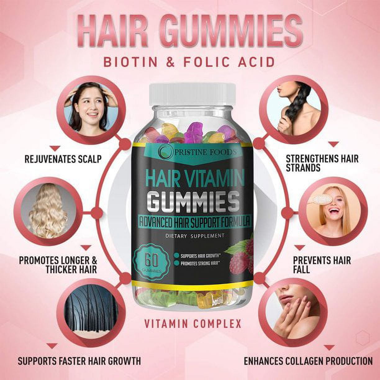3 Pack Hair Vitamin Gummies Formulated To Support Hair, Skin, Nail Growth With Vital Proteins And Vitamins For Men & Women, Non-GMO, Gelatin-Free, 60 Gummies