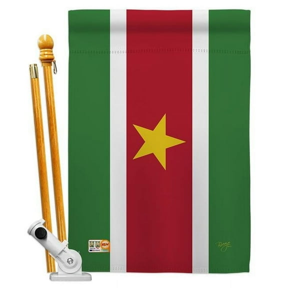 Breeze Decor BD-CY-HS-108253-IP-BO-D-US15-BD 28 x 40 in. Suriname Flags of the World Nationality Impressions Decorative Vertical Double Sided House Flag Set with Pole Bracket & Hardware