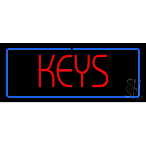 Red Keys Blue Border LED Neon Sign 10" Tall x 24" Wide - inches Black Square Cut Acrylic Backing, with Dimmer - Premium built indoor Sign for Storefront, Store interior, Exhibition, Decor.