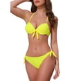 thumbnail image 4 of Conjuntos de bikini de halter con nudo y trenzado para mujer de 2 piezas, tirantes dobles, parte inferior triangular con lazo en la espalda, trajes de baño talla X-Large, color amarillo, 4 of 5