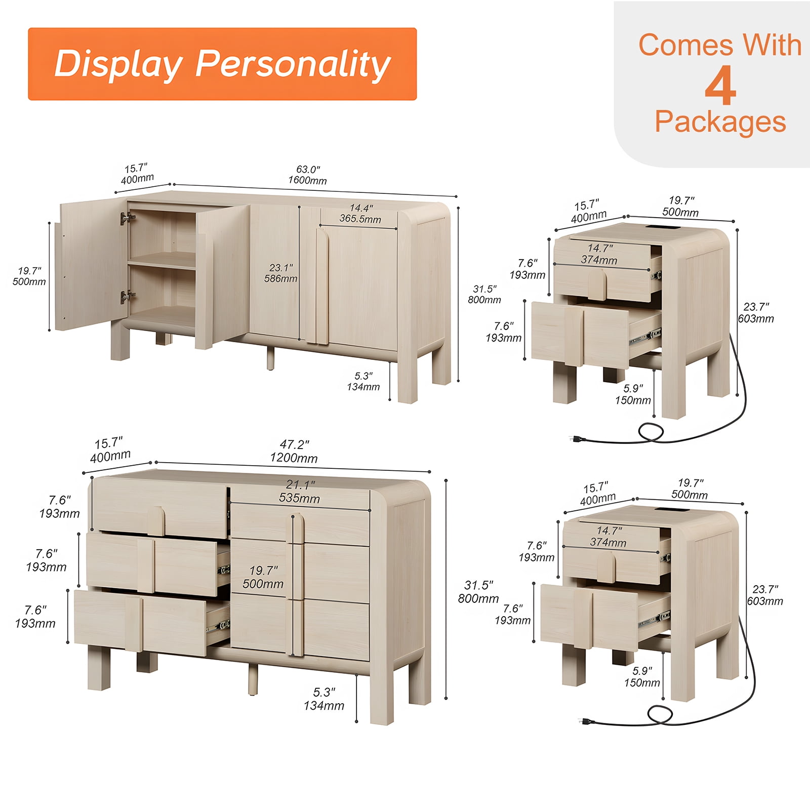 6 Drawer Dresser and Nightstand Sets for Bedroom, 4 Pcs Bedroom Set，Night Stand Set of 2, Modern Accent Chest with Curved Profile Design, Wooden Mid Century Storage Cabinet Set