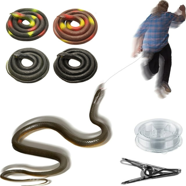 1 Set 120CM Snake Prank Toy with 100M Clear Line Clip PVC Simulated Colorful Snake on A Rope Teasing Friends Tricky Props Kids Adults Halloween Party Gag Gift