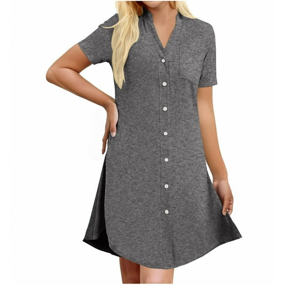 cfhntfmh Nightgowns for Women Soft V Neck Buttons down Sleep Dress Loungewear Casual Short Sleeve Side Slit Short Nightshirts