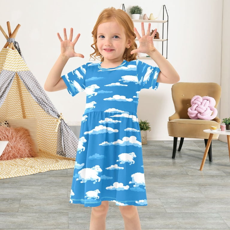 toddler girl short sleeve dress Toddler Girls Short Sleeve Summer Dress, Cute Casual Print Dress for Girls 2-8 Years, Soft Breathable Comfortable Daily Beach Party Dress Sheep