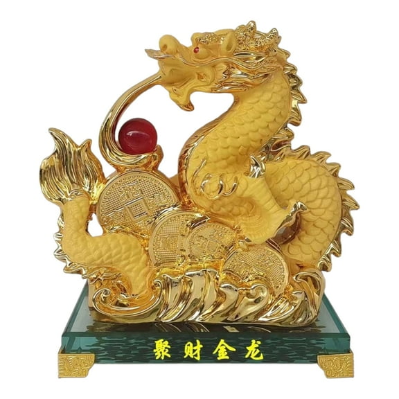 8 Inch Golden Chinese Dragon Statue With Chinese Coins for Year of the Dragon 2024
