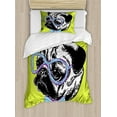 thumbnail image 1 of Pug Duvet Cover Set Twin Size, Cute Dog with a Bow Tie and Nerdy Glasses on Green Shade Backdrop, Decorative 2 Piece Bedding Set with 1 Pillow Sham, Apple Green Pale Blue Lavender, by Ambesonne, 1 of 3