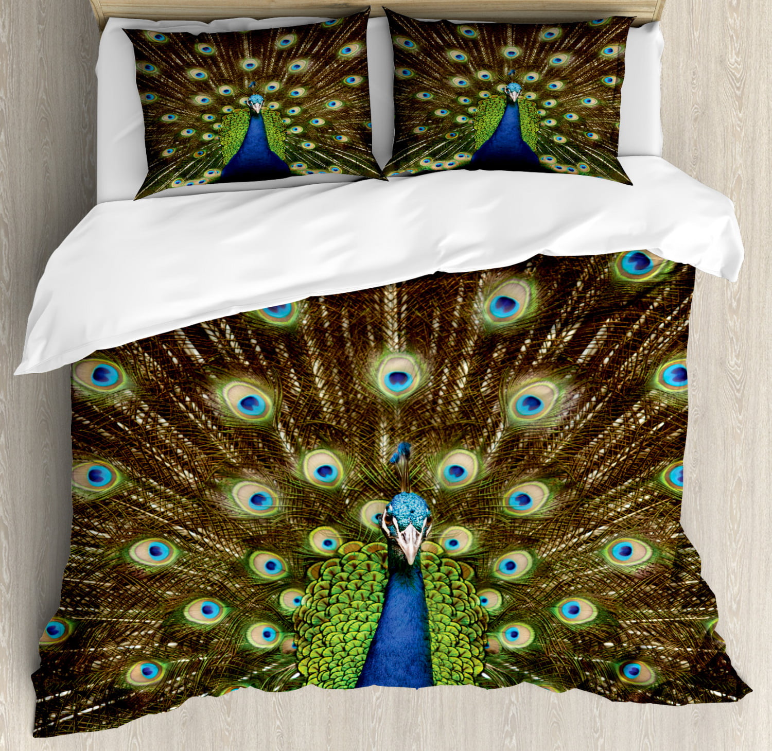 agentschap burgemeester Beurs Peacock Queen Size Duvet Cover Set, Portrait of Peacock with Feathers out  Vibrant Colors Birds Summer Garden, Decorative 3 Piece Bedding Set with 2  Pillow Shams, Navy Blue Green Brown, by Ambesonne -