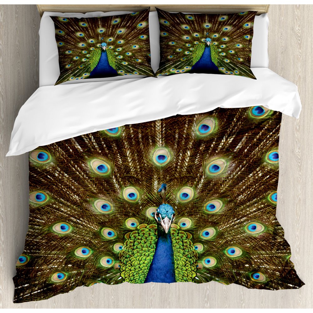 Peacock Queen Size Duvet Cover Set, Portrait of Peacock with Feathers
