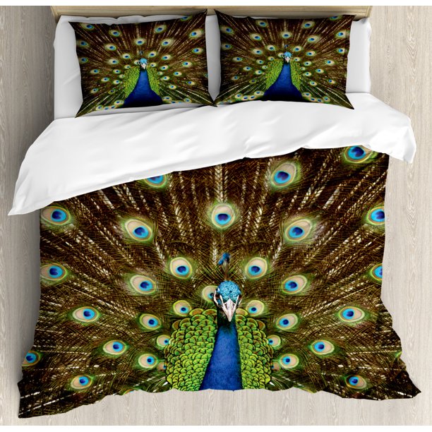 Peacock Duvet Cover Set, Portrait of Peacock with Feathers out Vibrant
