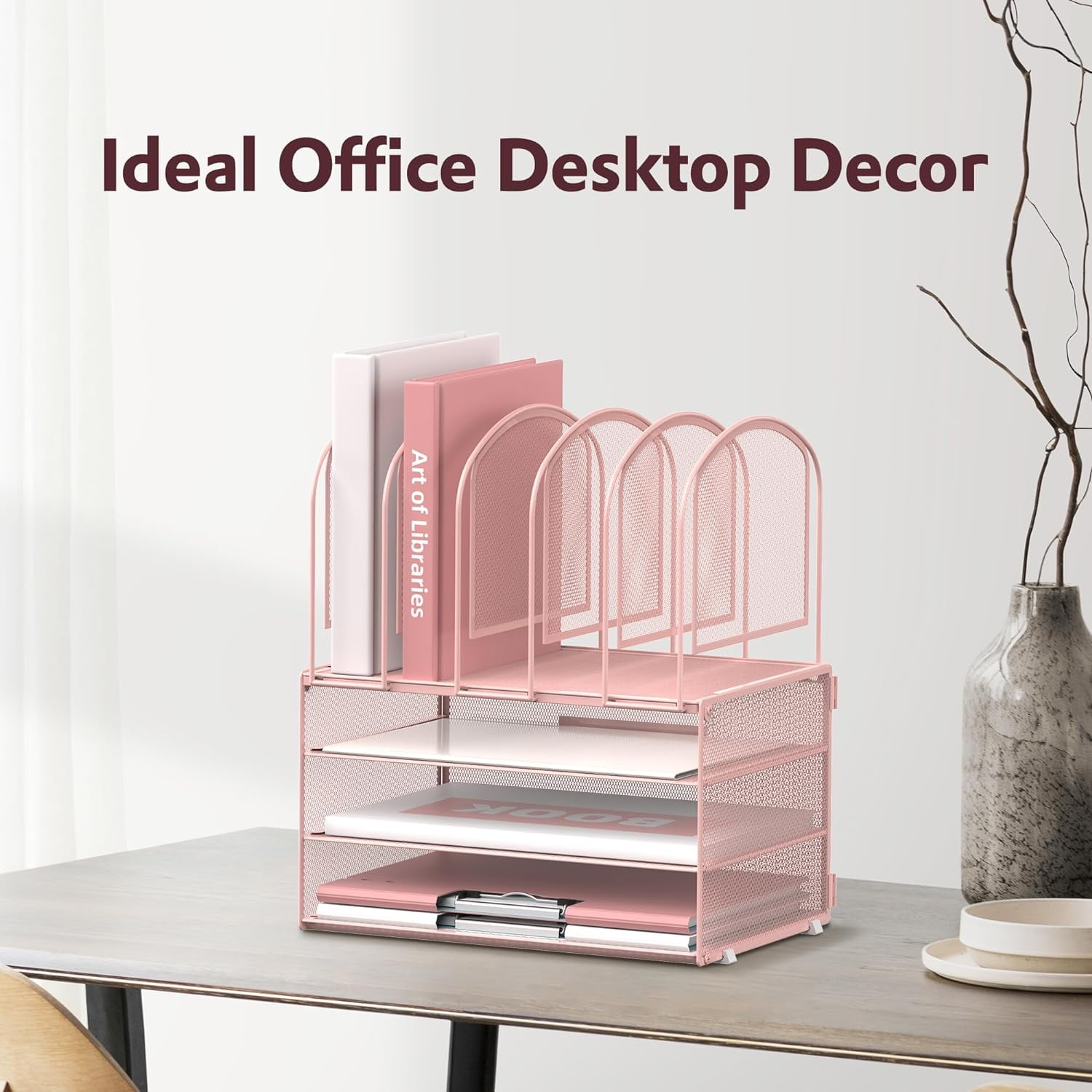 INTIGE 3 Tier Metal Desktop Folder Organizer with 5 Vertical File Shelves, Paper Organizer, Pink, 1 Piece