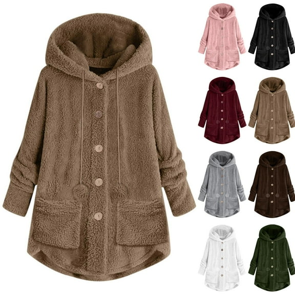 Juebong Womens Plush Fleece Sherpa Jacket Oversized Hoodie Winter Coats Long Sleeve Button-Up Tops Jackets Faux Fur Fuzzy Sweater Coffee,XXL