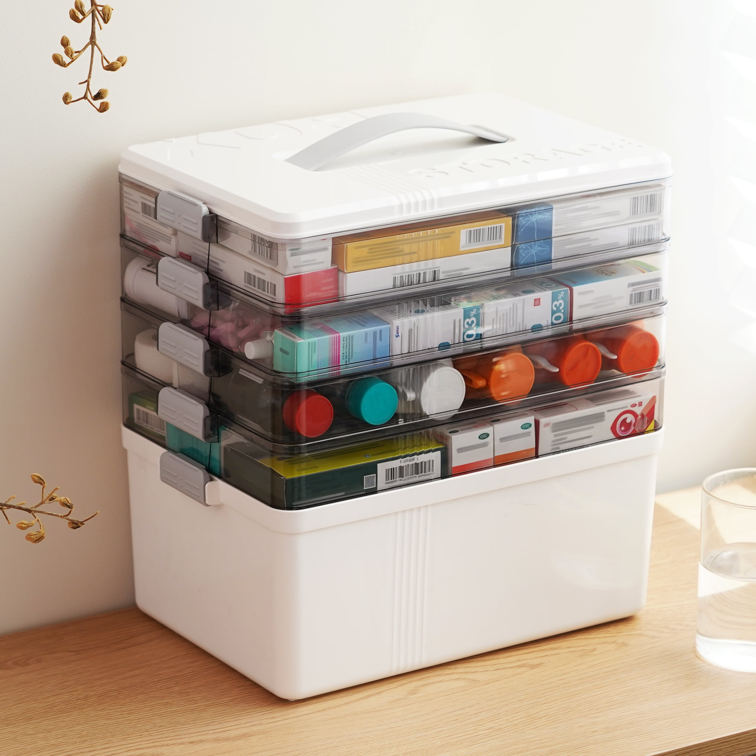 4 Layer Stackable storage bins with lid Stack & Carry Box Plastic Portable Handled with Removable Tray for Craft Adult