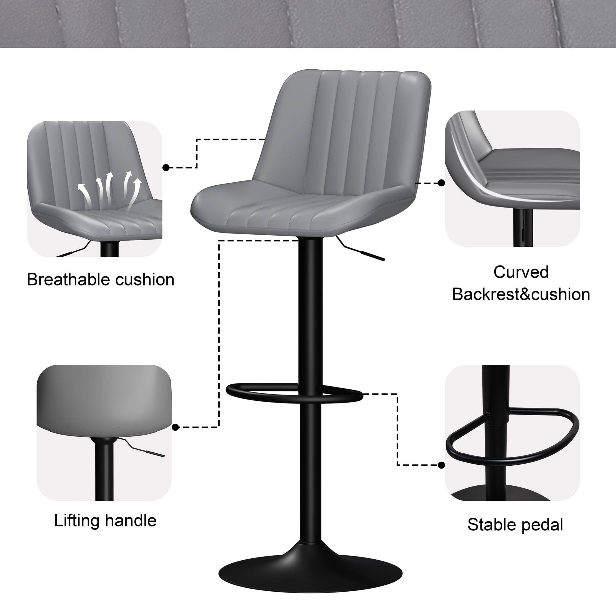 Walsunny Adjustable Bar Stools Set of 2 Leather Upholstered Swivel Counter Stools Counter Height Bar Stools with Large Base, Room Bar, Grey