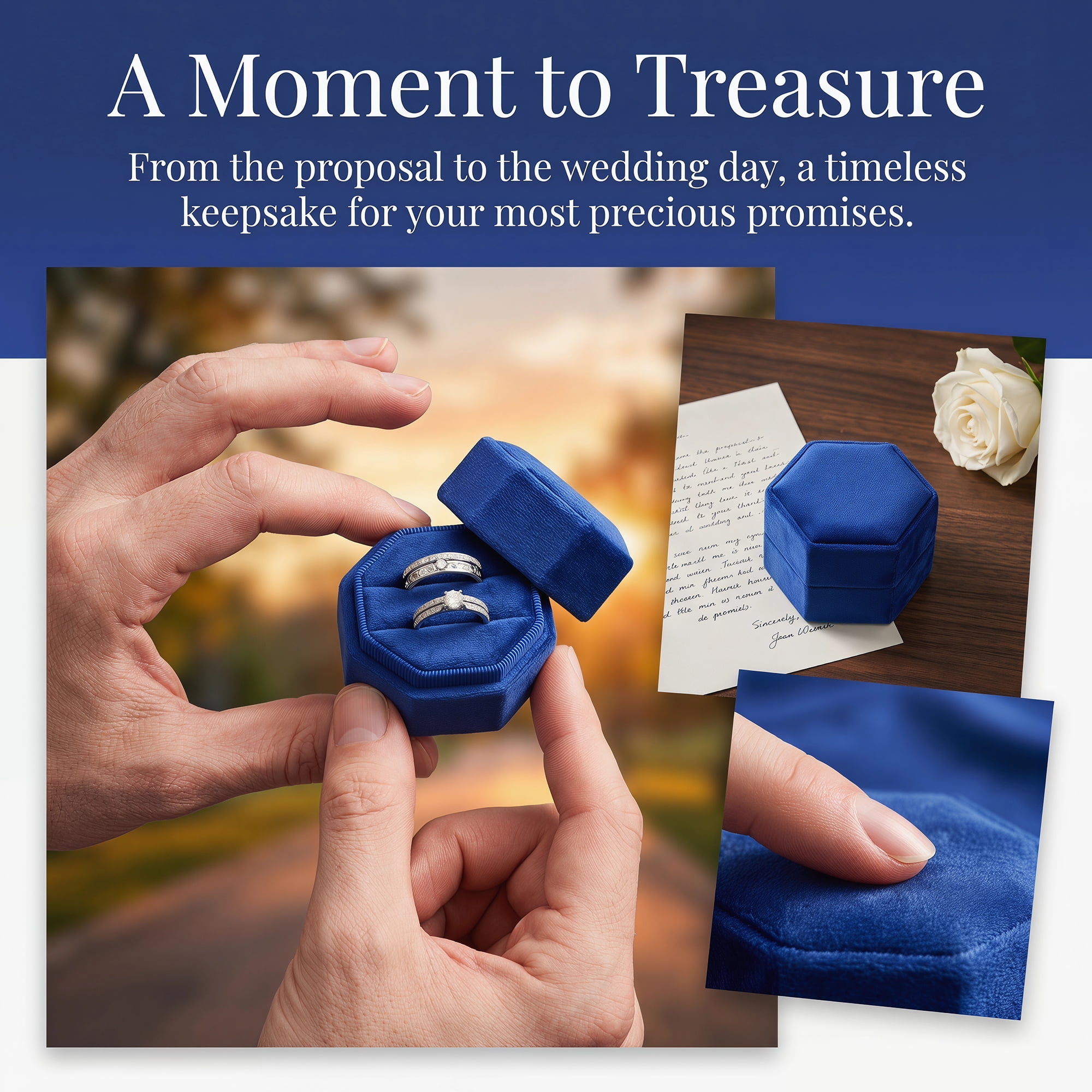 Velvet Ring Box for Proposal Engagement Wedding Ceremony Storage 2 Slots Blue