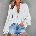 thumbnail image 4 of Ltctricy Peplum Tops for Women Ruffle Long Sleeve Deep V Neck Lace Trim Tie Front Babydoll Shirts High Low Hem Tunic Blouses(White,X-Large), 4 of 7