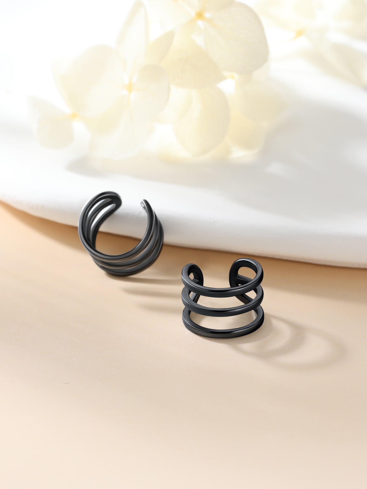 Suplight 925 Sterling Silver Black Plated Ear Cuffs Earrings, Three Layer Smooth-Surface Huggie Clip On Cartilage Earrings for Women