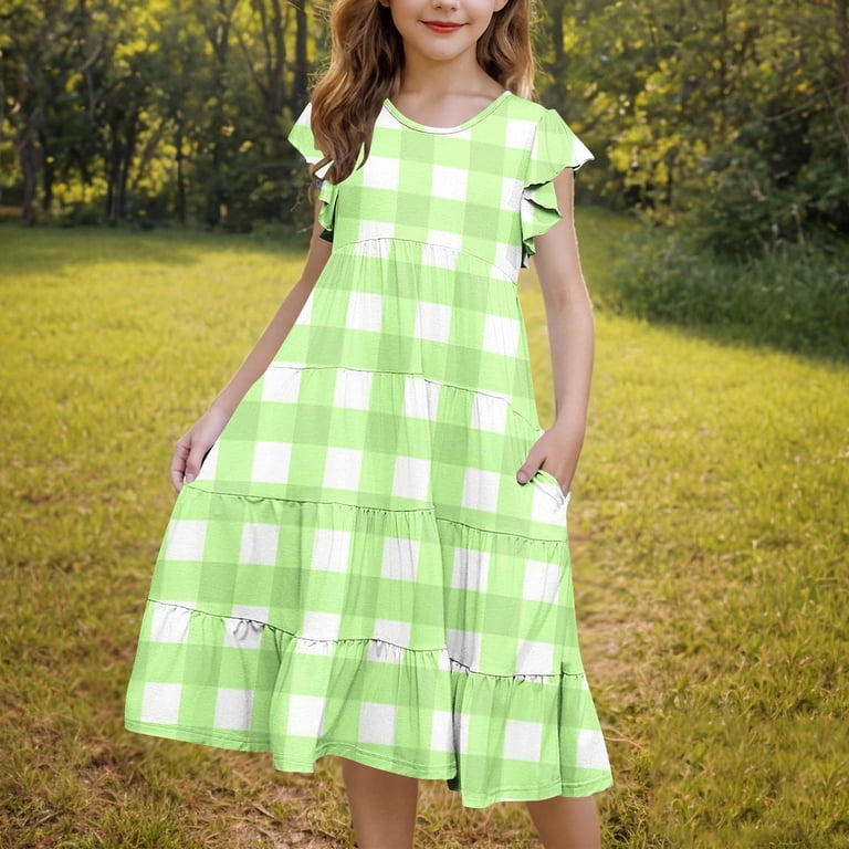 loose dresses for teens Meichang Maxi Dresses for Girls Summer Flutter Short Sleeve Crew Neck Tiered Dress Swing Loose Fit Beach Vacation Dresses Casual A-Line Sundresses Yellow 10 Years