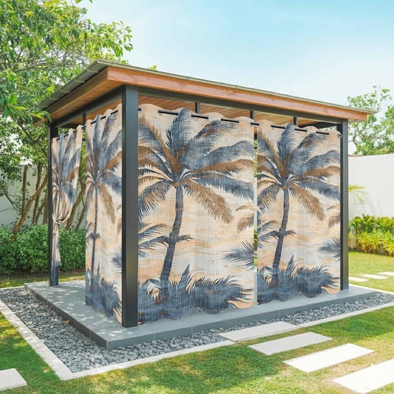 Outdoor Curtains for Patio Waterproof, Navy Blue Brown Windproof Pravicy Outside Porch Blackout Curtain, Tropical Botanical Palm Leaves Retro Sun Blocking Curtains for Cabana 2 Panels 54"x95"