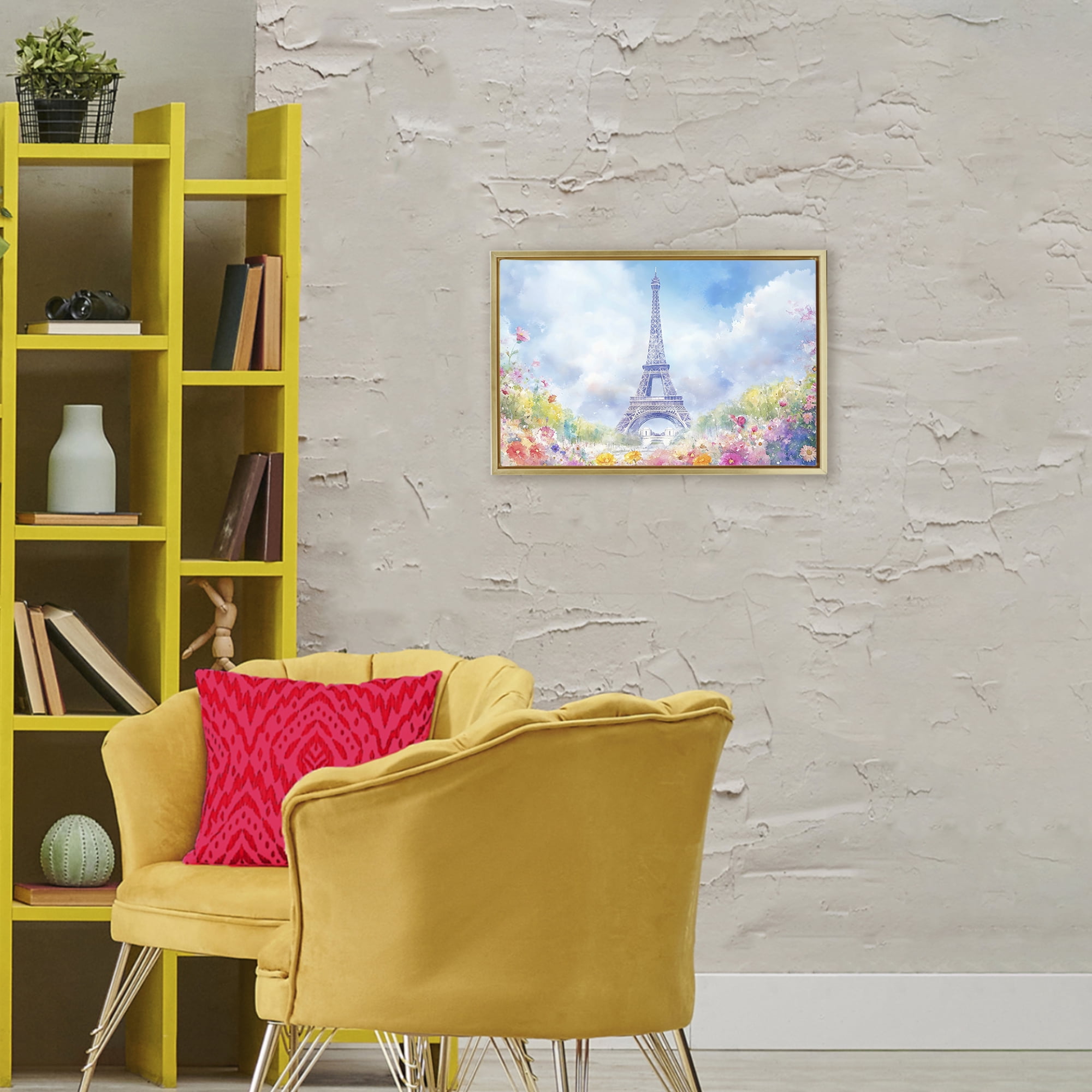 Stupell Industries Rainbow Spring at Eiffel Tower Gold Framed Floater Canvas Wall Art, design by Creative Studio