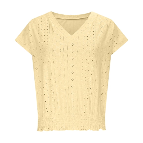 NuoCaiYun Eyelet Tops for Women Summer V Neck Short Sleeve Shirts Fashion Smocked Waist Crop Top Casual Plain T Shirts