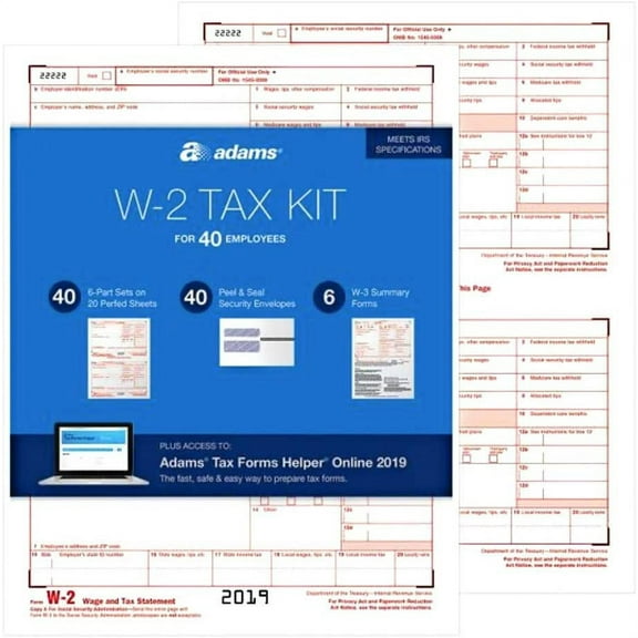 Adams TXSC619 W2 Forms 2019, 6 Part Tax Forms Kit, 40 Employee Kit of Laser/Inkjet Forms, 6 W3 Summary Forms, 40 Self Seal Envelopes