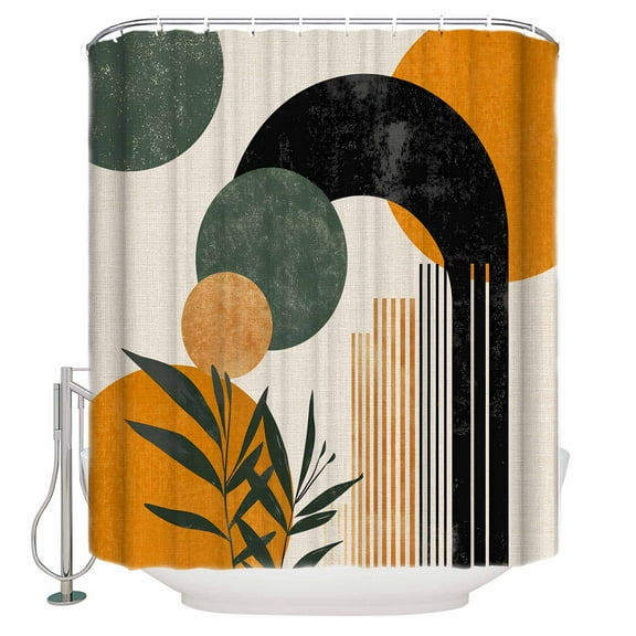 54x78 Inch Shower Curtain Decorative Boho Middle Century Bathtub Bath Curtains Fabric Waterproof Bathroom Decor Abstract Orange Geometric Leaves Small Stall Shower Curtain Set with 12 Hooks
