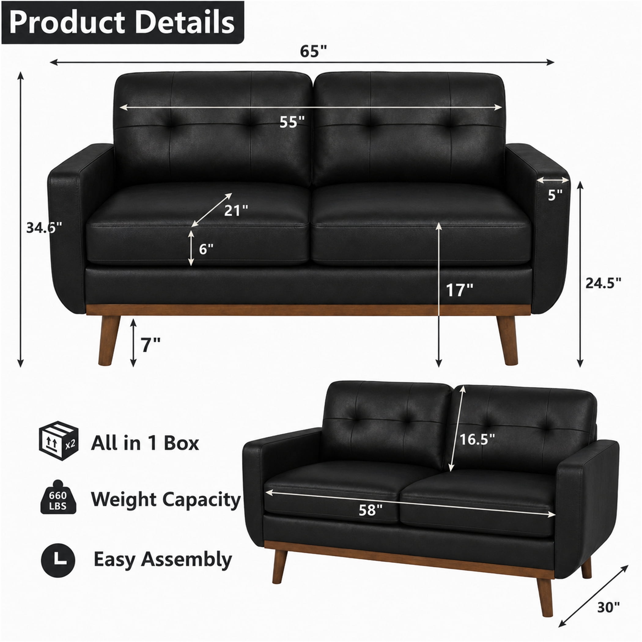 Aukfa 65" Small Sofa Loveseat Couch Comfy Mid Century Modern Sofa for Living Room Bedroom, Foil Fabric, Black