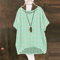 thumbnail image 4 of Women's Gingham Print Tops Crew Neck Short Sleeve Linen T-Shirt Breathable Summer Top for Going Out Vacation Green 3XL, 4 of 6