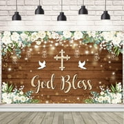 7x5Ft God Bless Baptism Backdrop First Holy Communion Wooden Board Wall Backdground White Floral Baby Christening Banner Newborn Baby Shower Banner Decor Supplies Booth Props