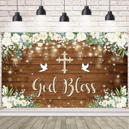 7x5Ft God Bless Baptism Backdrop First Holy Communion Wooden Board Wall Backdground White Floral Baby Christening Banner Newborn Baby Shower Banner Decor Supplies Booth Props