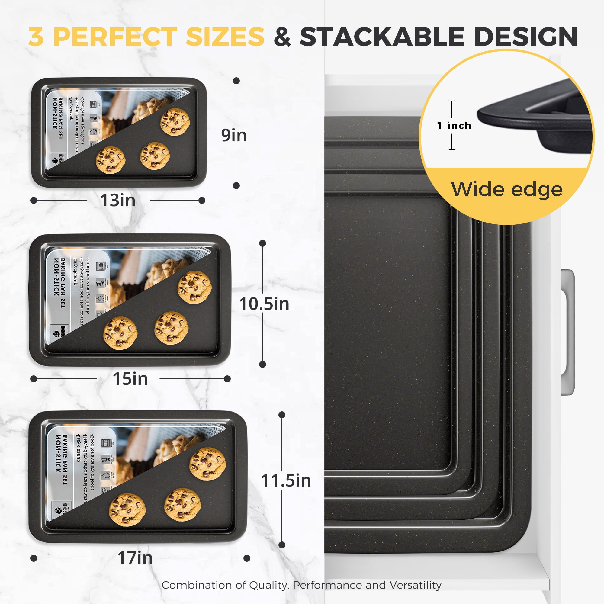 HONGBAKE Baking Sheet Pan, Cookie Sheet Pans for Baking, Cookie Sheets Nonstick Sets, Baking Trays for Oven, Baking Sheets for Oven with Wider Grips, Dishwasher Safe (3 Pack), Grey