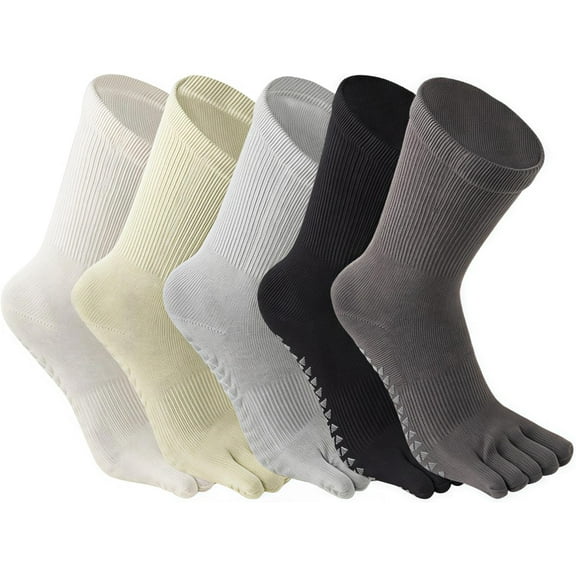5 Pairs Women's Mid Calf Yoga Socks Non Slip Five Toe Medium Cushion Cotton, Dot Rubber Sole for Pilates, Dance, Barre, Gym Girl's Barefoot Soft Boot Socks