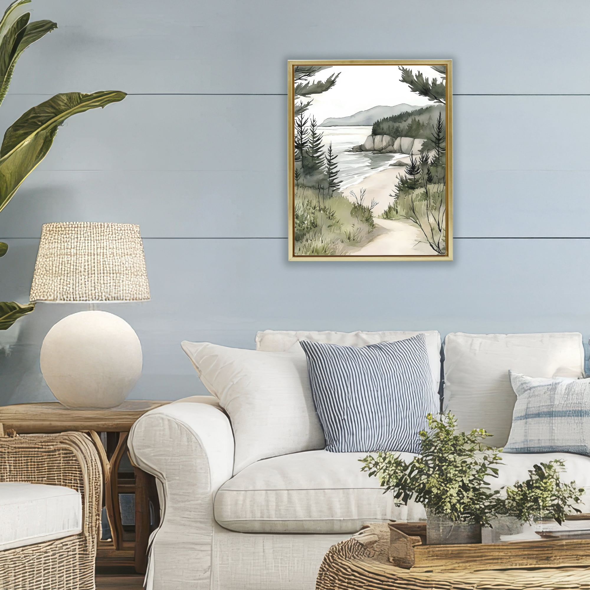 Stupell Industries Coastal Calm Winding Path Gold Framed Floater Canvas Wall Art, design by Riley B