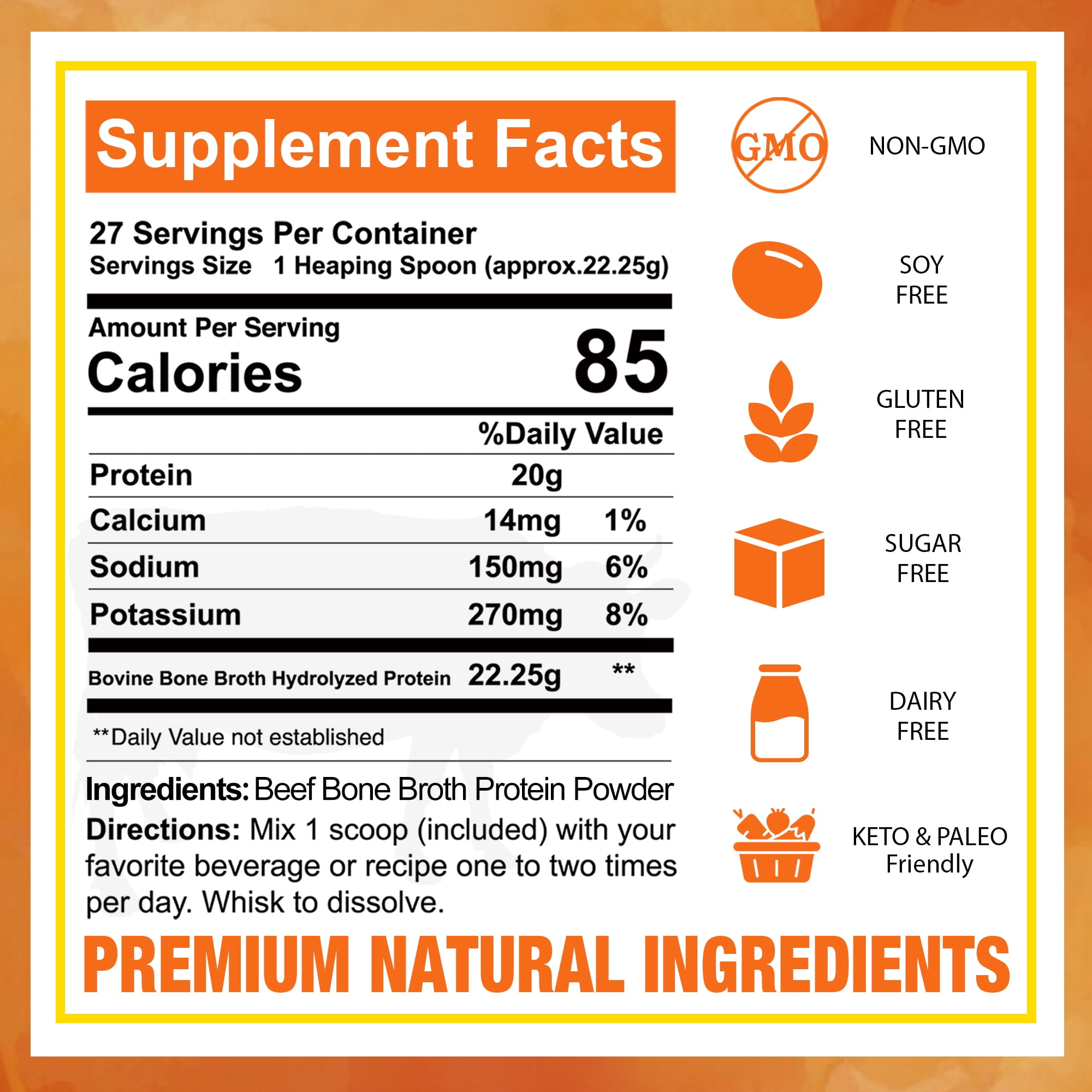 Zammex Grass Fed Beef Bone Broth Powder Protein Supplement, Hydrolyzed Collagen Peptides I & III for Skin & Joint Health, Keto Paleo, 1.32lb, Natural Flavor
