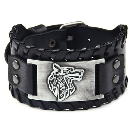 KABOER 2019 Vintage Male Black Brown Wolf Head Leather Bracelet Men Imprint Wide Bracelets Bangles Punk Rock Style Jewelry