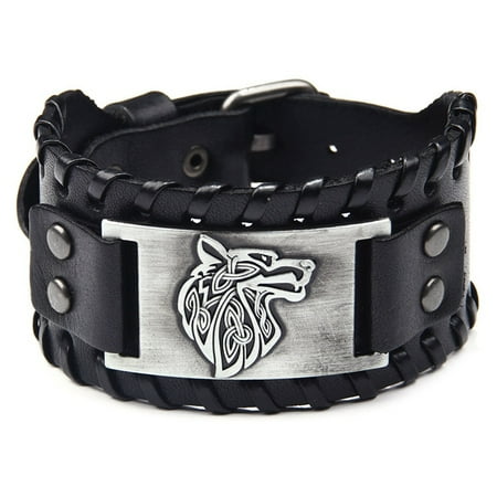 KABOER 2019 Vintage Male Black Brown Wolf Head Leather Bracelet Men Imprint Wide Bracelets Bangles Punk Rock Style